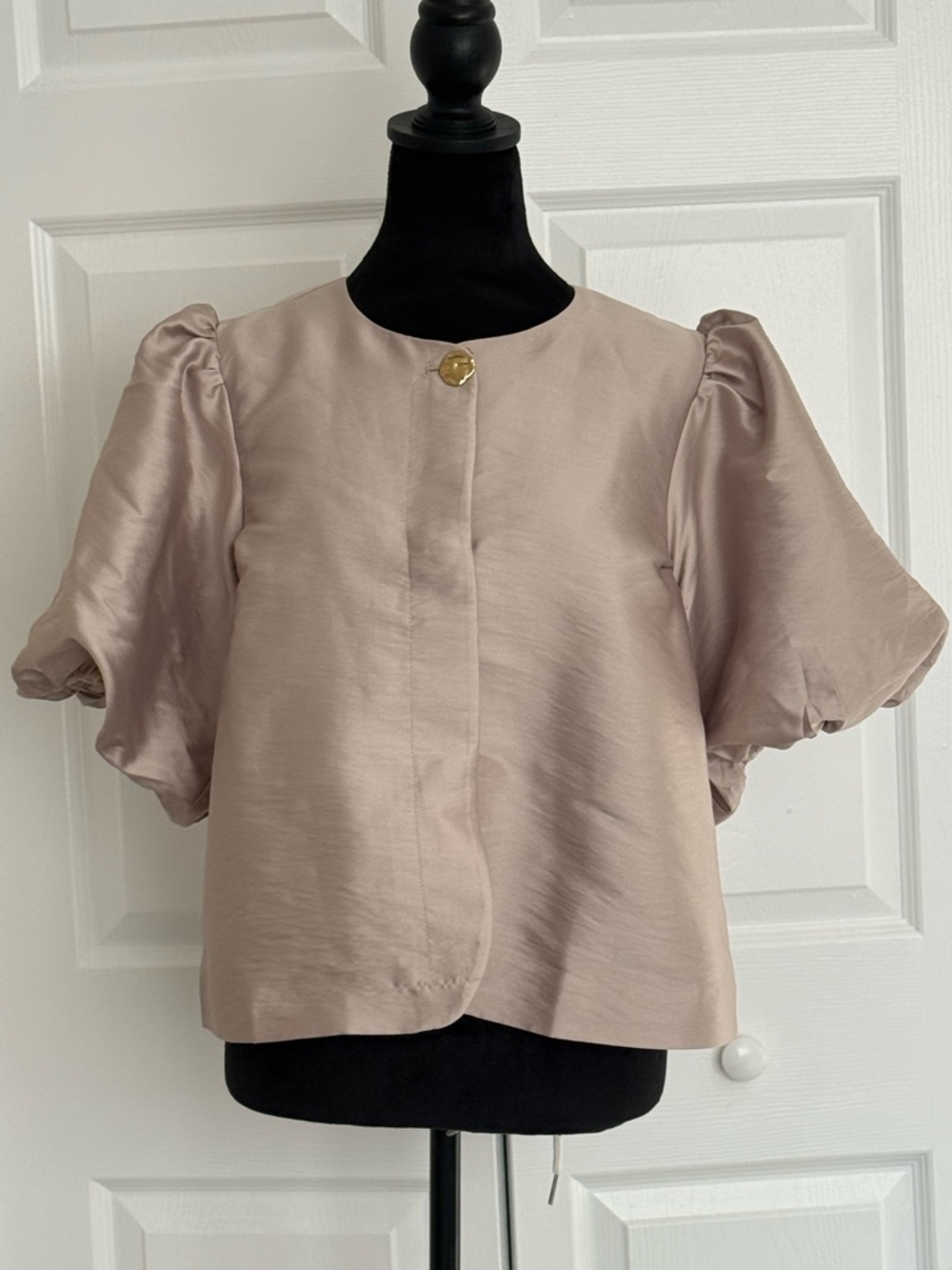 H&M Blush Cream Satin Puff-Sleeve Top with Gold Button